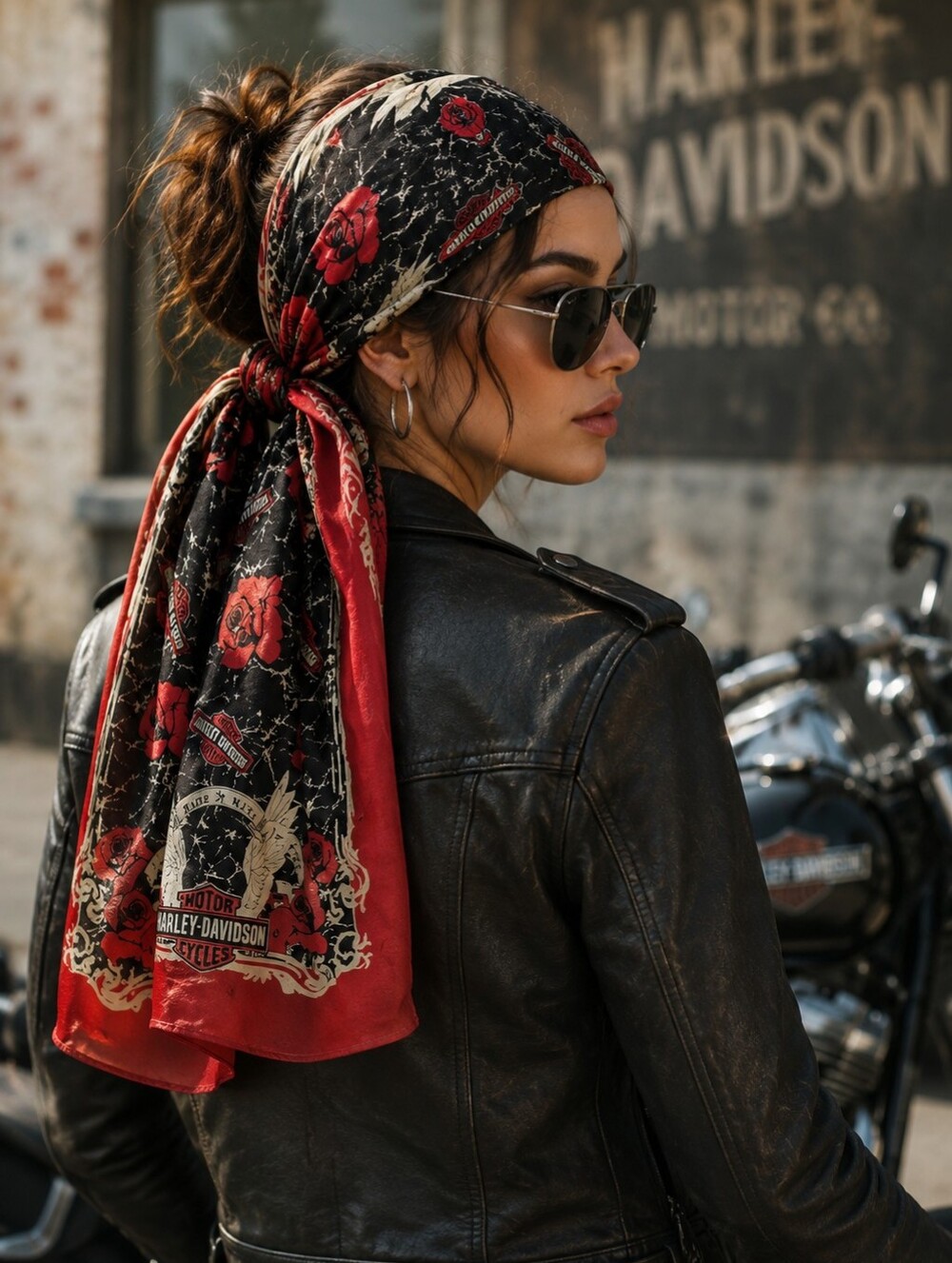 Harley Davidson 100% Silk Red and Black Roses Hand Rolled Scarf